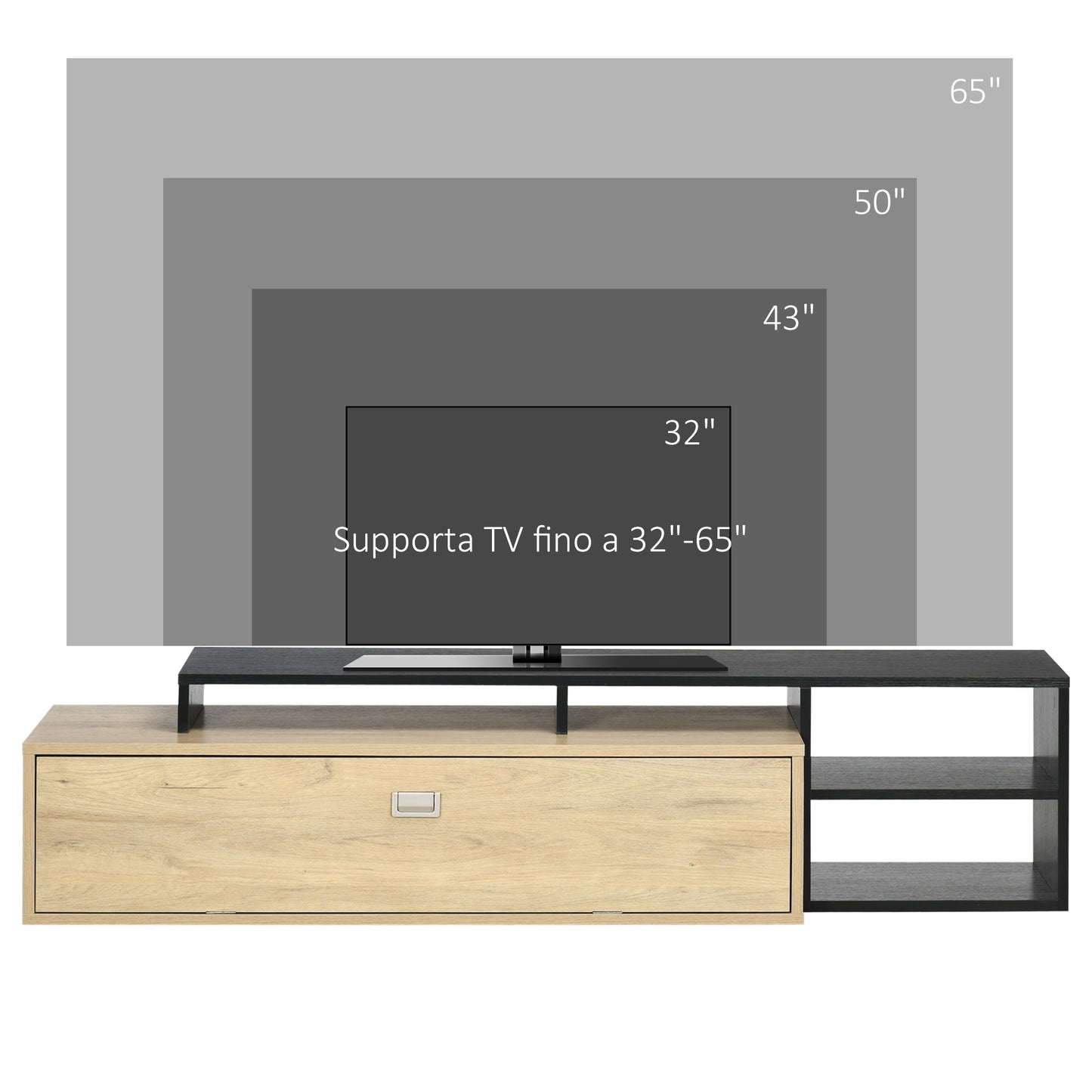 32"-65" TV Stand with Removable Shelf and Hinged Door Cabinet in MDF, 163x40x38 cm, Wood and Black
