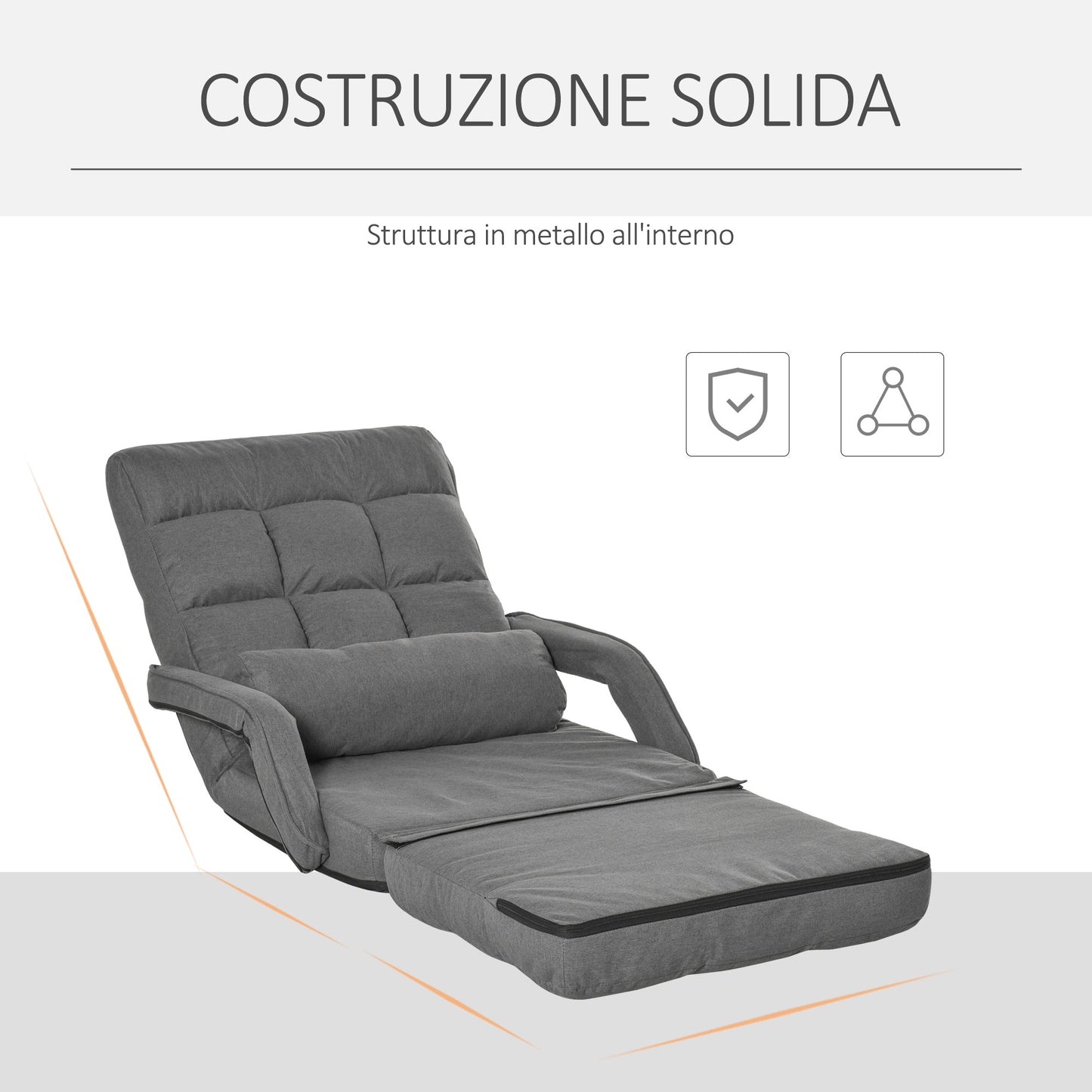 Single Sofa Bed with Cushion and 5-Level Reclining Backrest, 62x78x70 cm, Grey