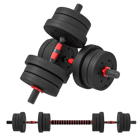 Set of 2 Non-Slip Dumbbells with 12 Weight Discs of 20 kg Total and Connector, in Steel, HDPE and Sand, Black