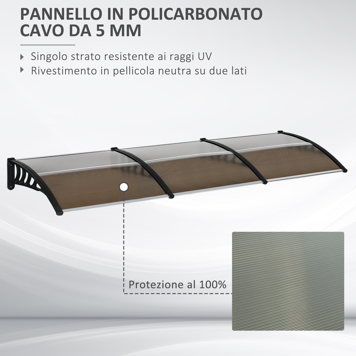 Outdoor Canopy for Windows and Doors, in Polycarbonate and Aluminum, 303x100x26cm - Brown