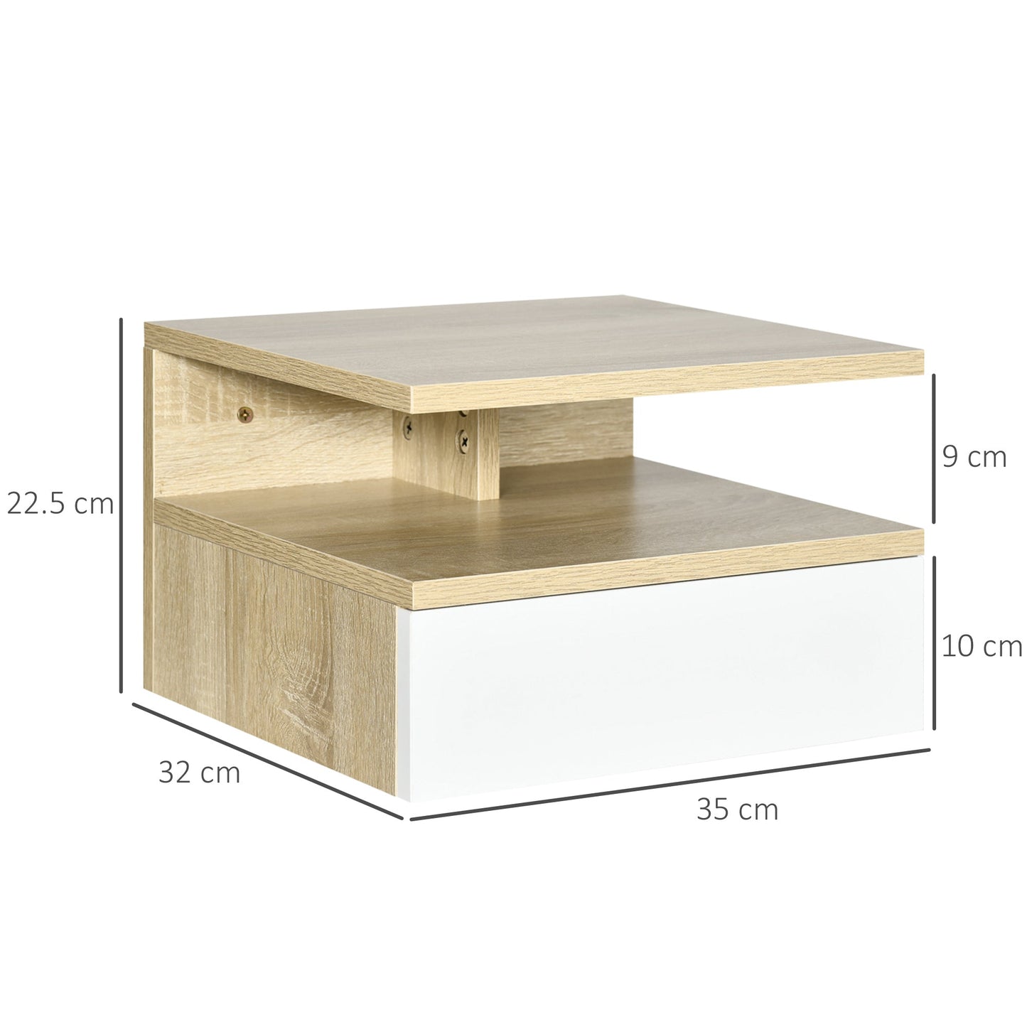 Set of 2 Floating Bedside Tables with Drawer and Top Shelf, Wooden, 35x32x22.5 cm, White and Oak