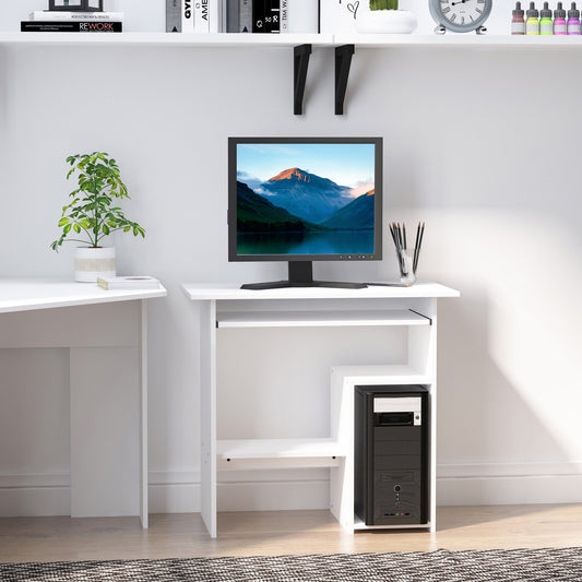 Space-Saving Home Office Desk, Modern Computer Desk, PC Stand, CPU Shelf and Pull-Out Wooden Keyboard Tray, 80x45x75cm, White