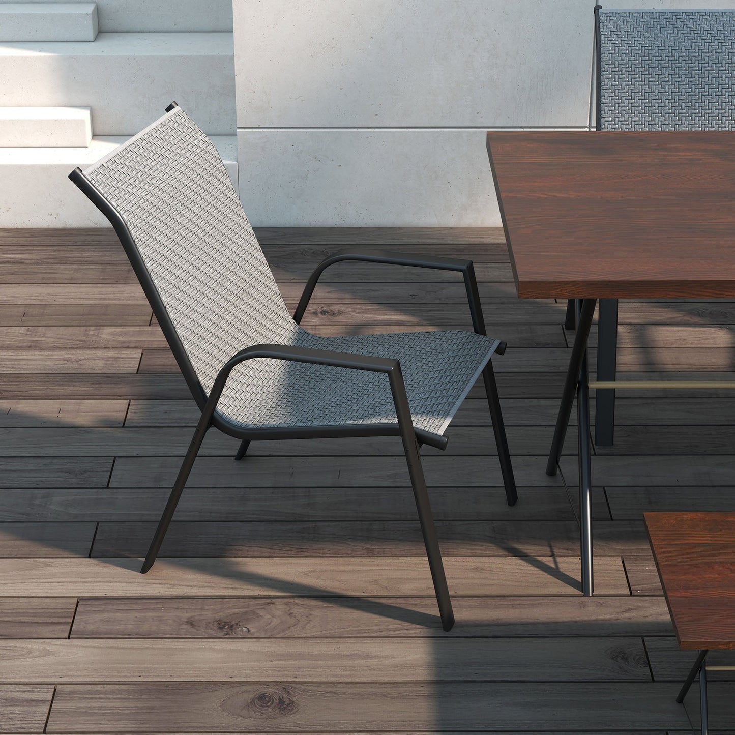 Set of 4 Stackable Garden Chairs with Armrests in PE Rattan and Steel, Grey