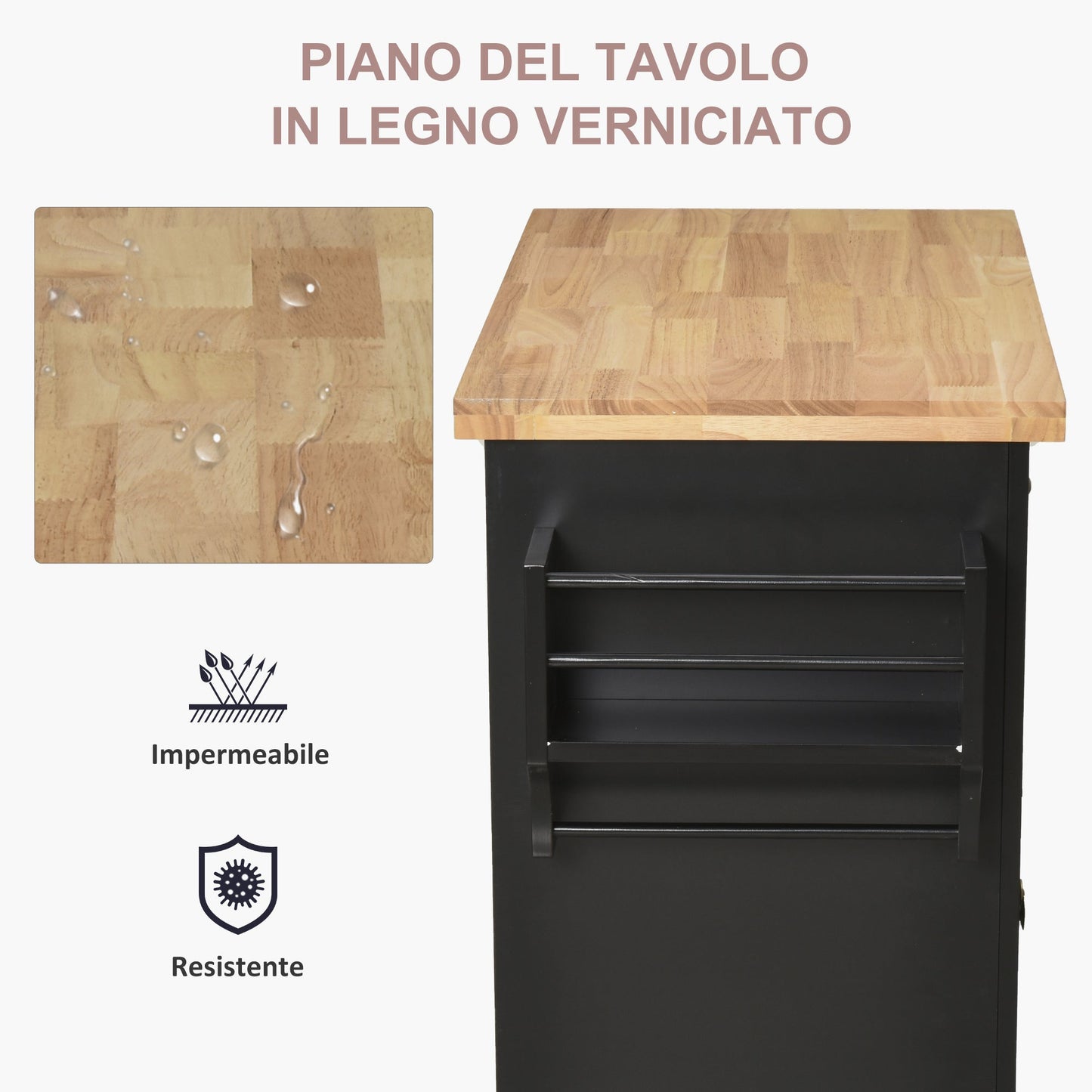 Kitchen Trolley with Drawers, Cabinets and Spice Rack, Made of Wood and MDF, 111x44.5x82.5 cm, Black