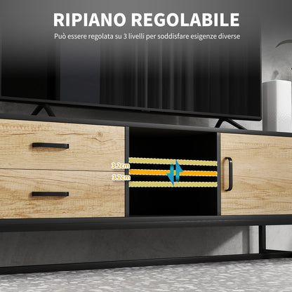 TV Cabinet 60" with Cabinet, 2 Drawers and Open Shelves, 140x35x45 cm, Natural Wood