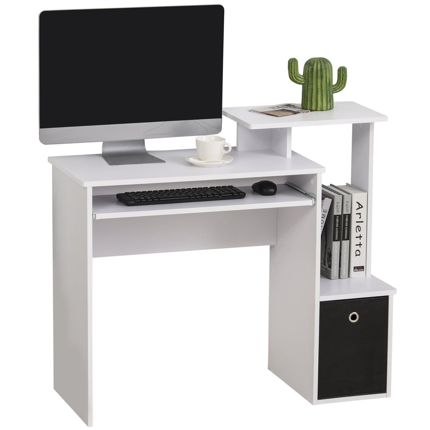 Modern Desk with Keyboard Shelf and Fabric Drawer, 100x40x86.6cm, Black and White