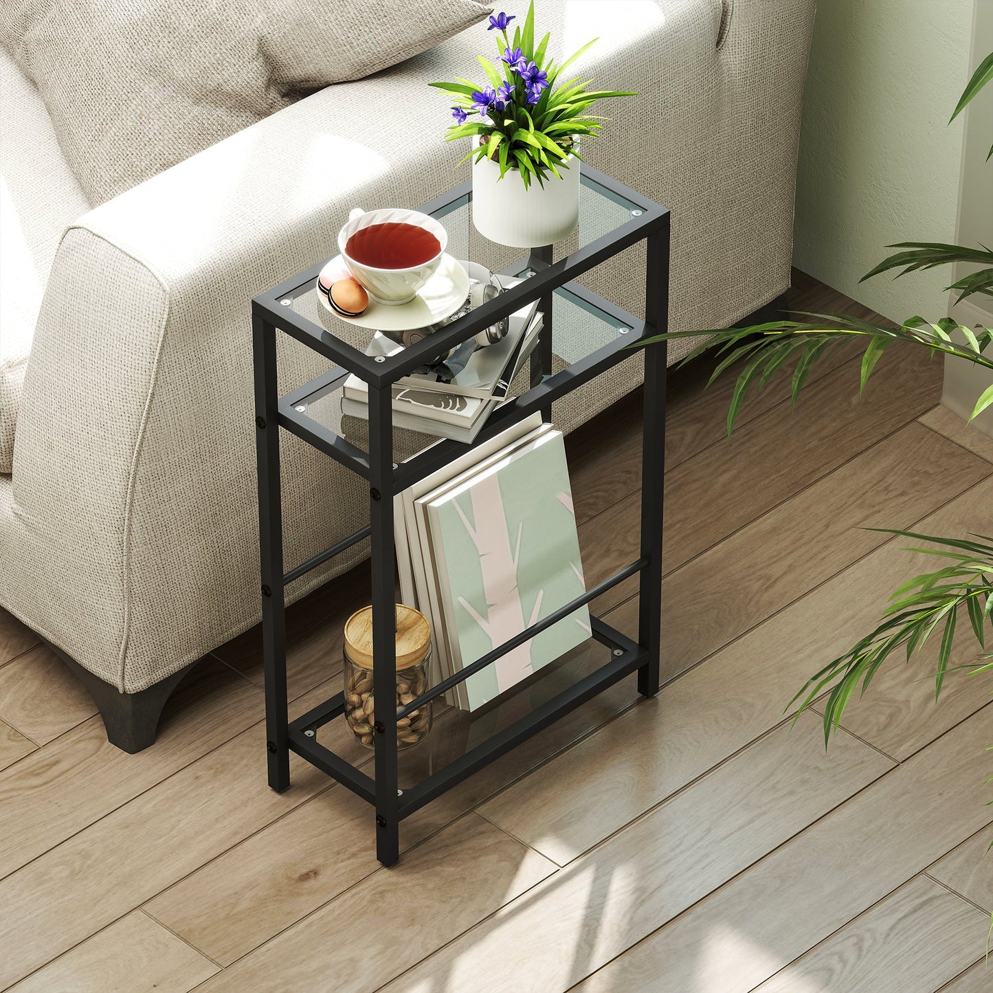 Compact 3-Shelf Coffee Table in Glass and Steel, 40x18x62 cm, Black