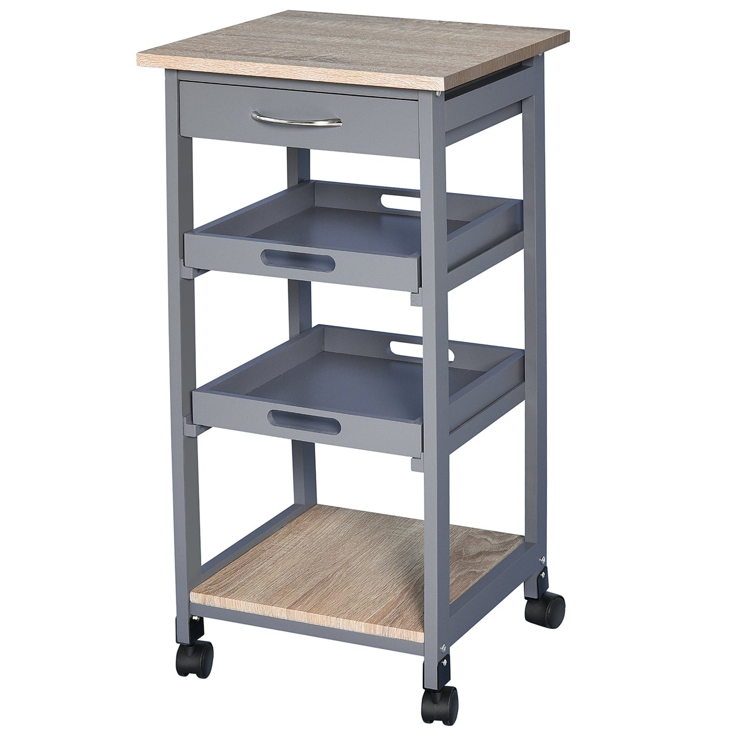 Kitchen Trolley with Drawer, 2 Pull-Out Trays and Fixed Shelf, Pine Wood and MDF, 37x37x76 cm