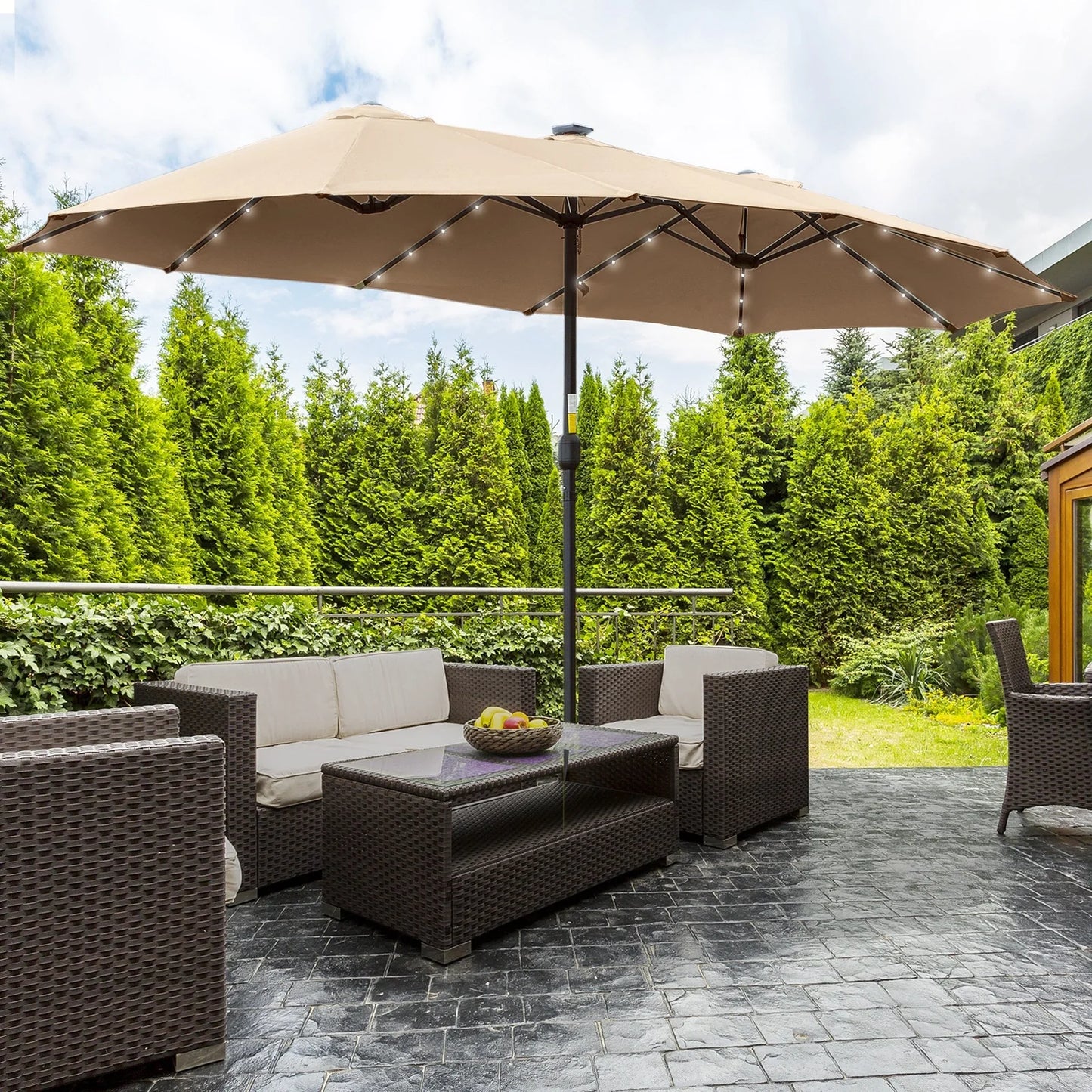 Large Solar‑Powered Double Garden Umbrella with 48 LED Lights – 4.5 m
