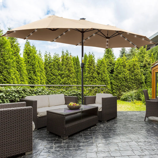 Large Solar‑Powered Double Garden Umbrella with 48 LED Lights – 4.5 m