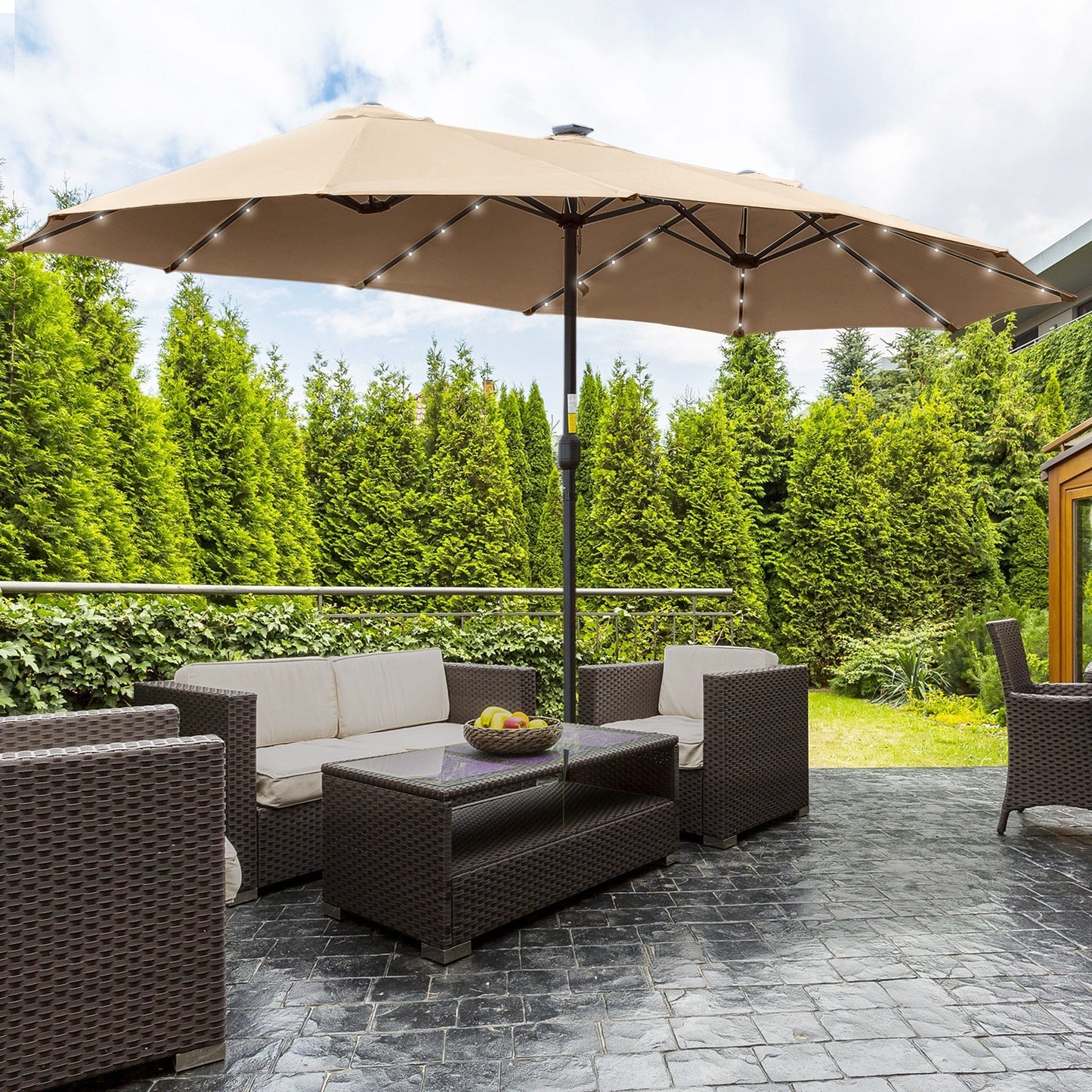 Double Garden Umbrella |  4.5m with 48 LED lights and Crank