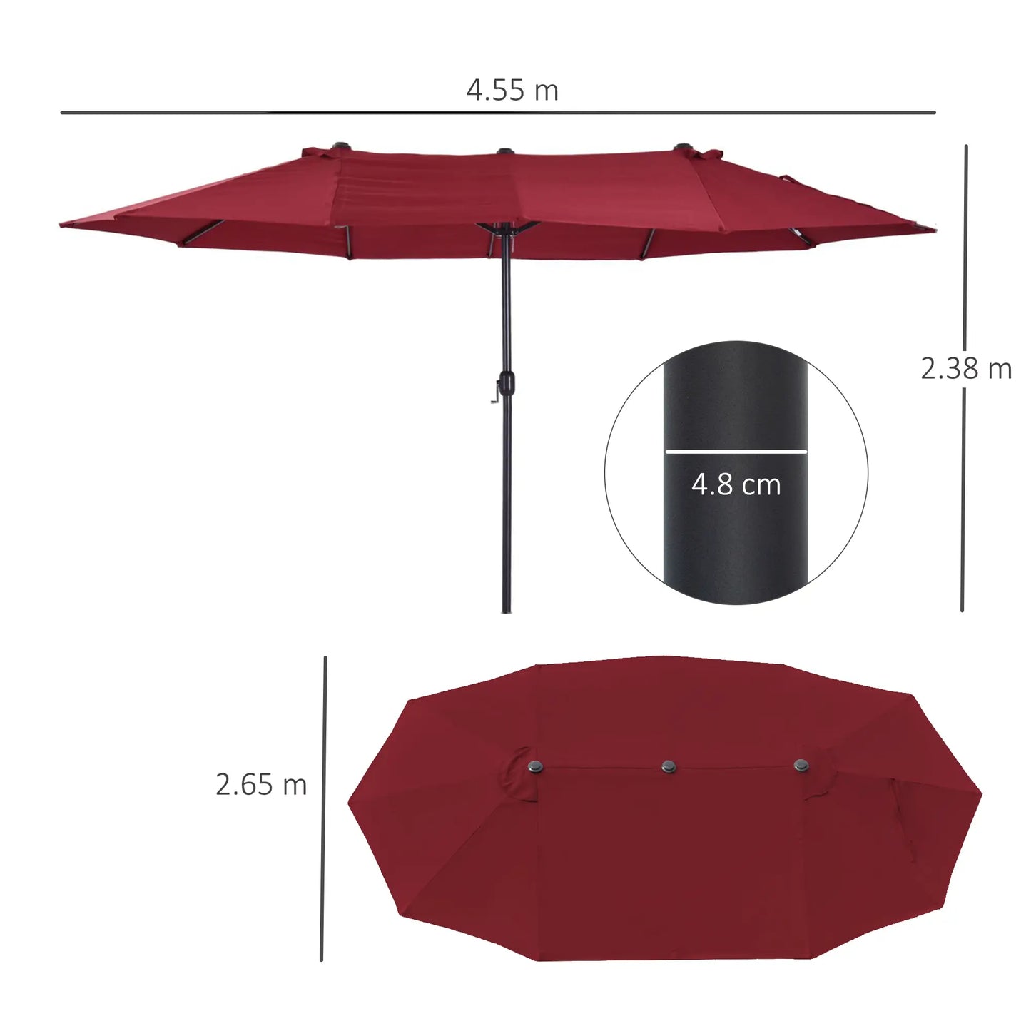 Double Garden Umbrella with Crank Opening, in Steel and Polyester, 460x270x240 cm, Red