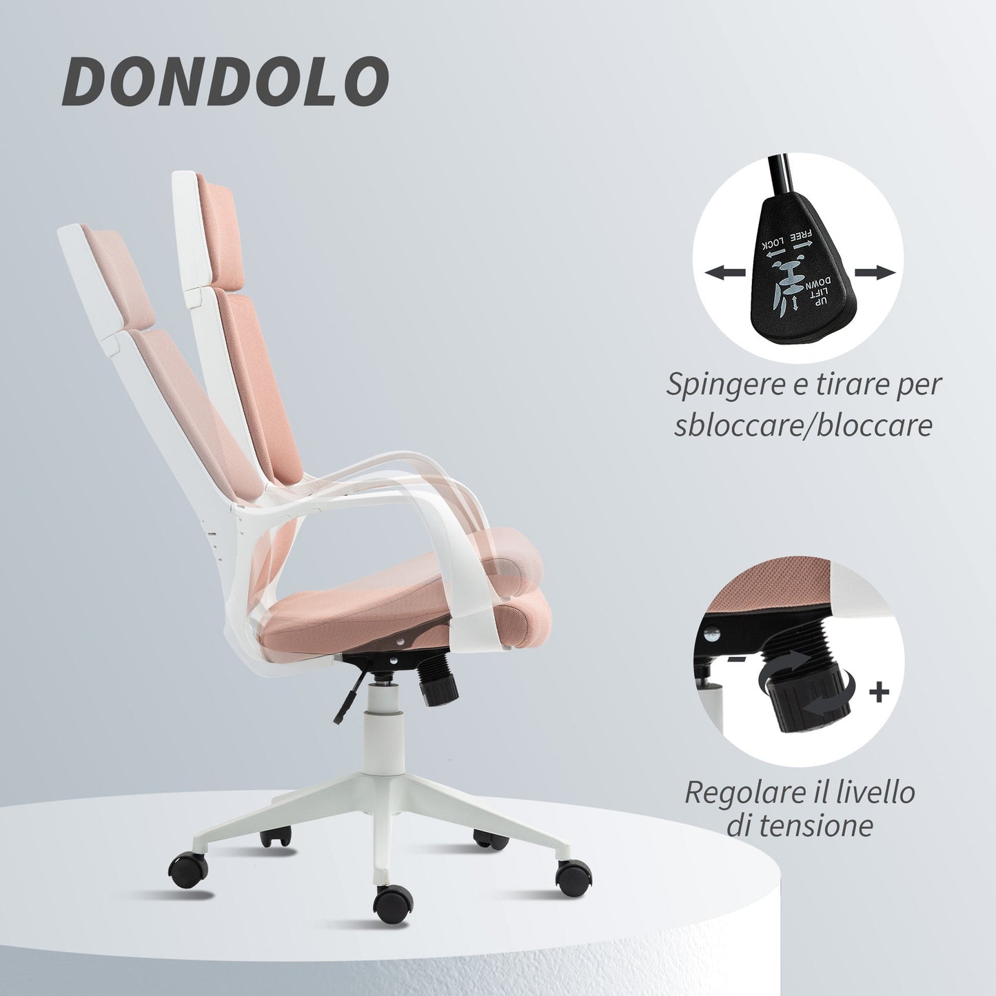 Fabric Office Chair with Rocking, Adjustable Height and Swivel Seat, 63x63x117-127 cm, Pink