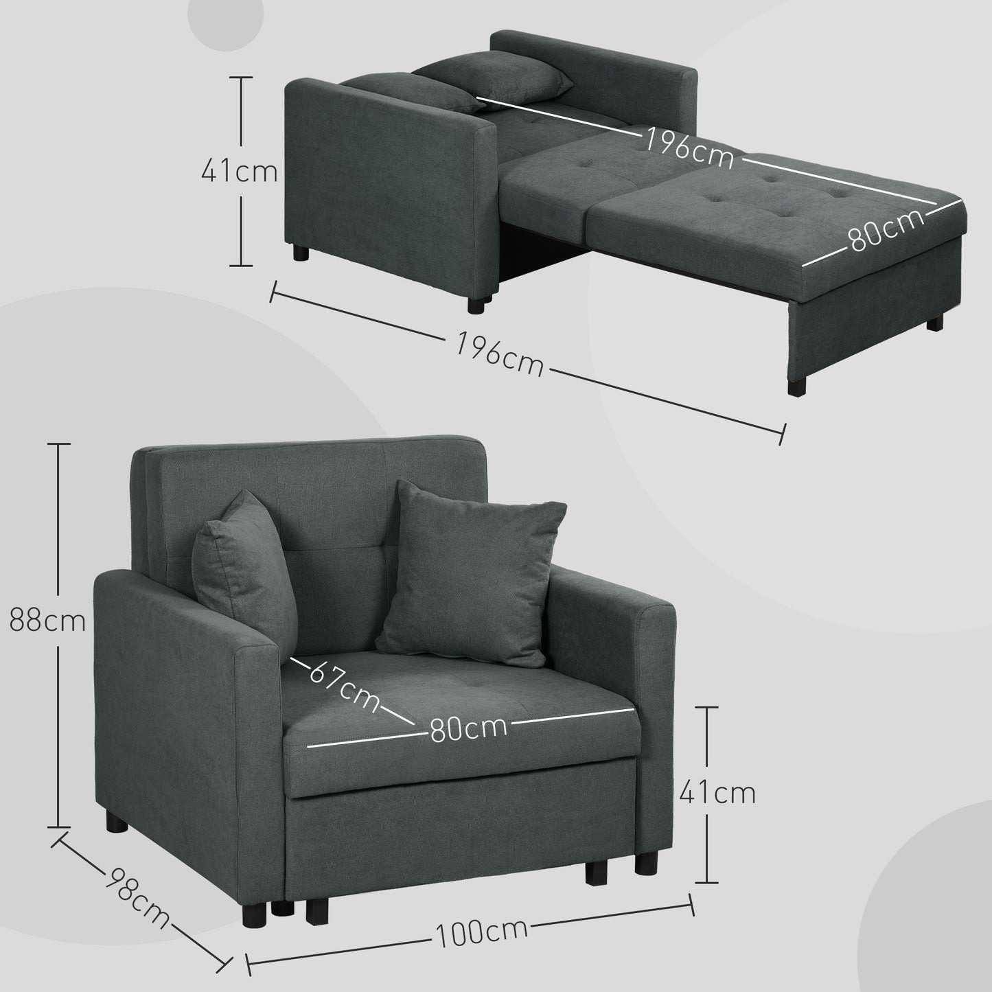 Grey Velvet Fabric Armchair Bed with 2 Cushions and Storage Space, 100x98x88 cm