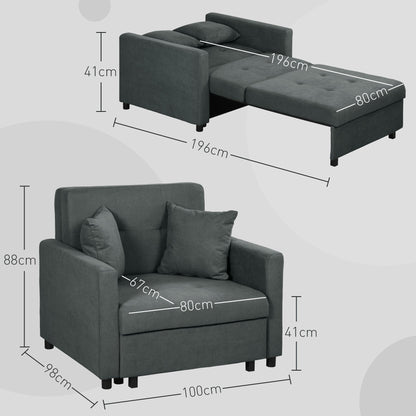 Grey Velvet Fabric Armchair Bed with 2 Cushions and Storage Space, 100x98x88 cm