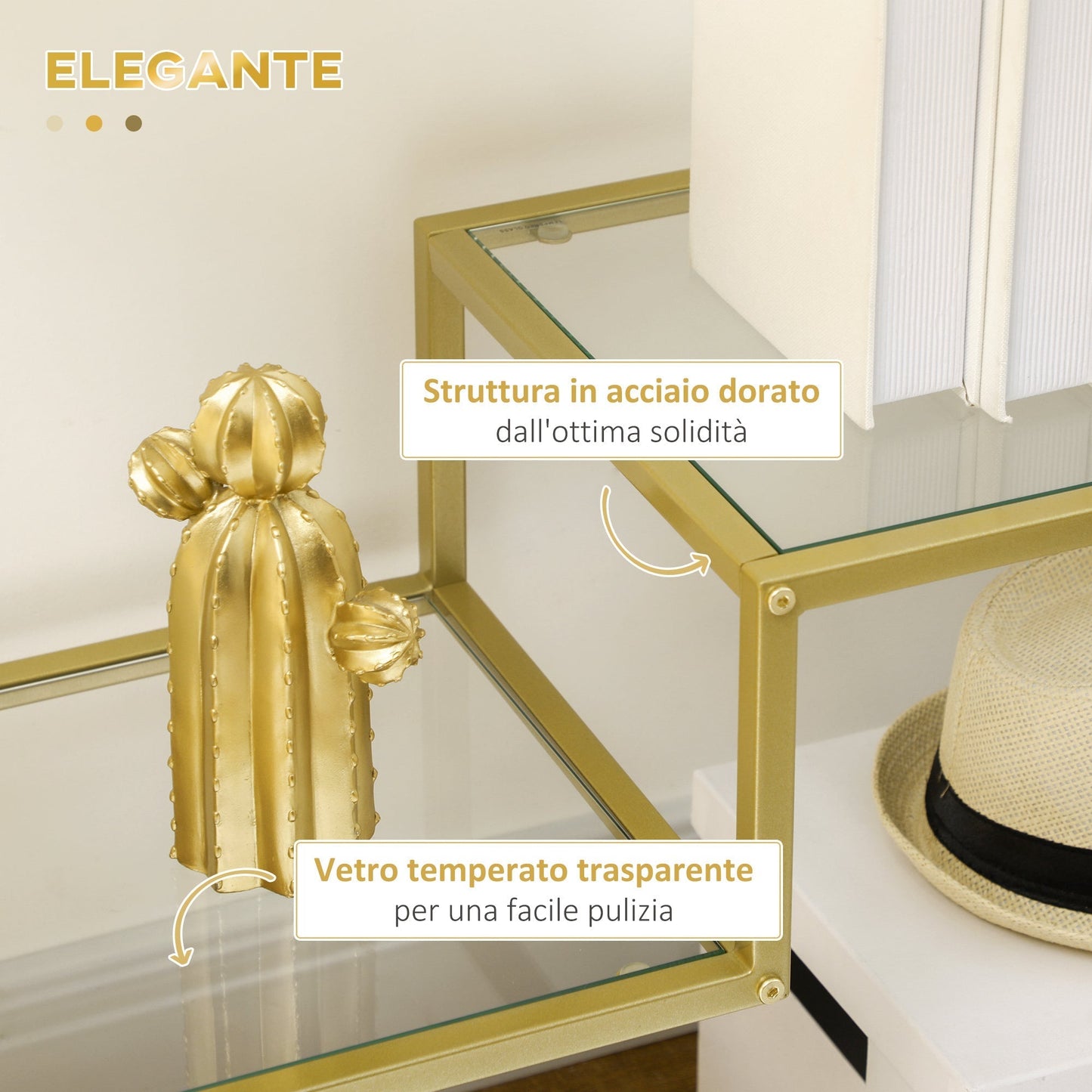 3-Tier Steel and Tempered Glass Entryway Console Table, 100x32x76 cm, Gold