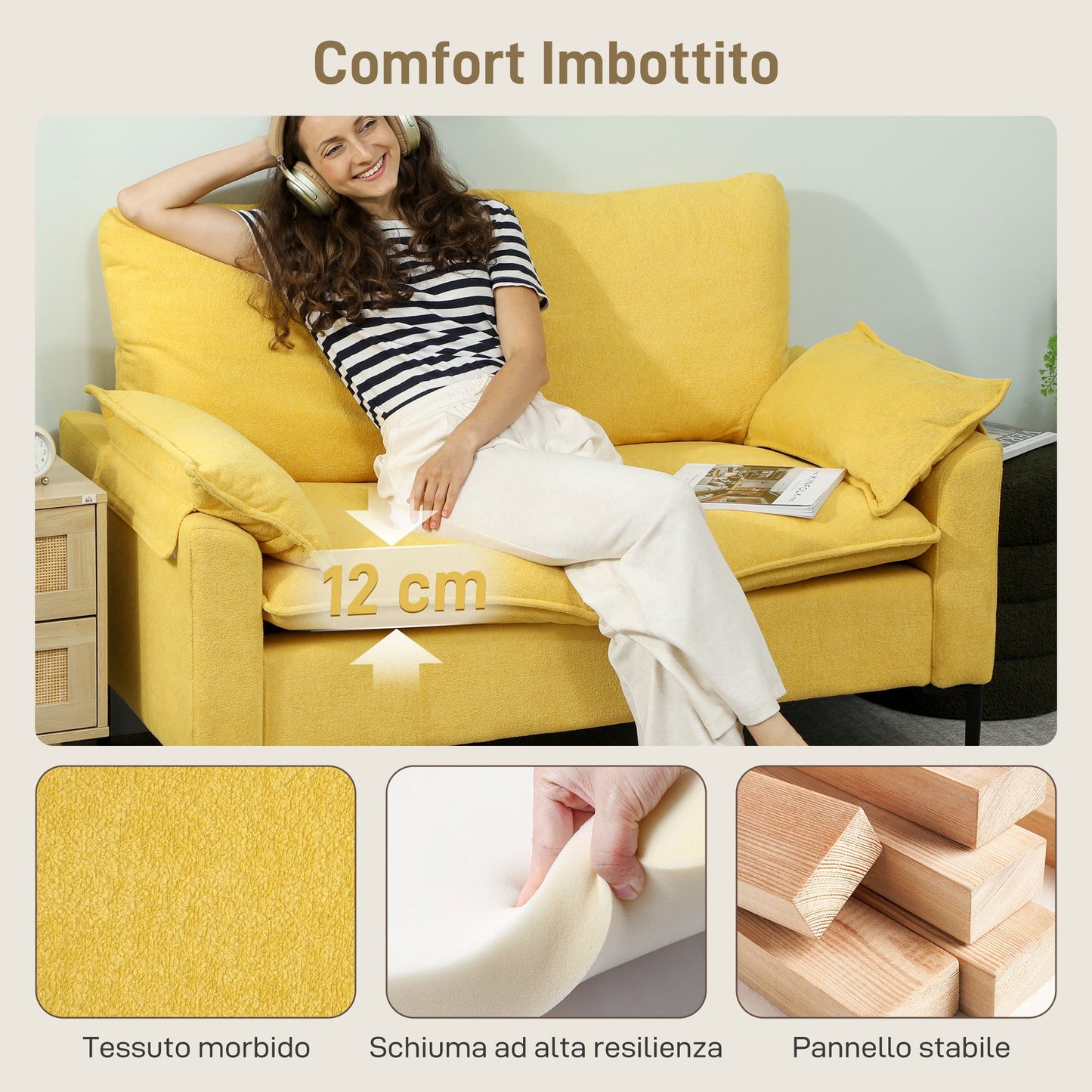 Modern 2-Seater Sofa with Cushions and Terry Fabric Upholstery, 130x77x84 cm, Yellow