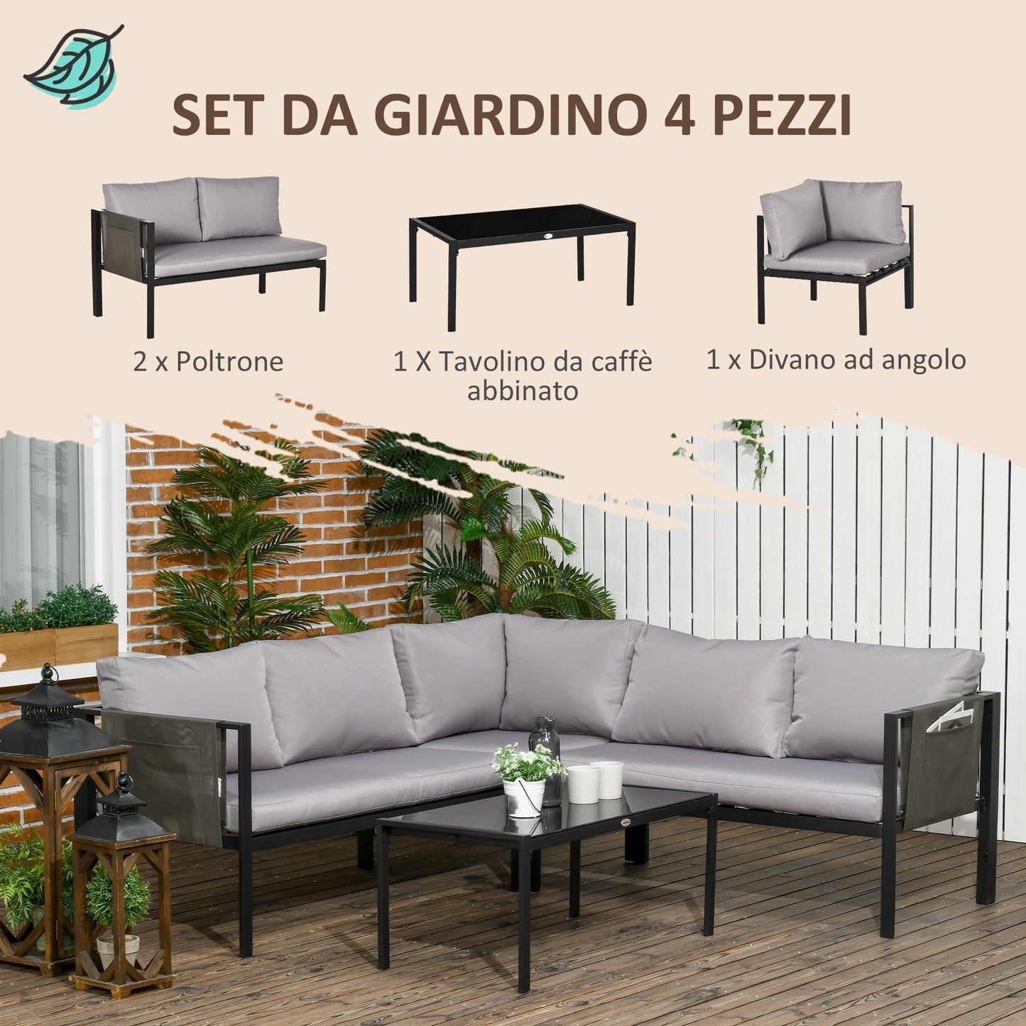 PARIS | 4 Piece Garden Set with 2 Sofas, Corner Chair and Tempered Glass Coffee Table