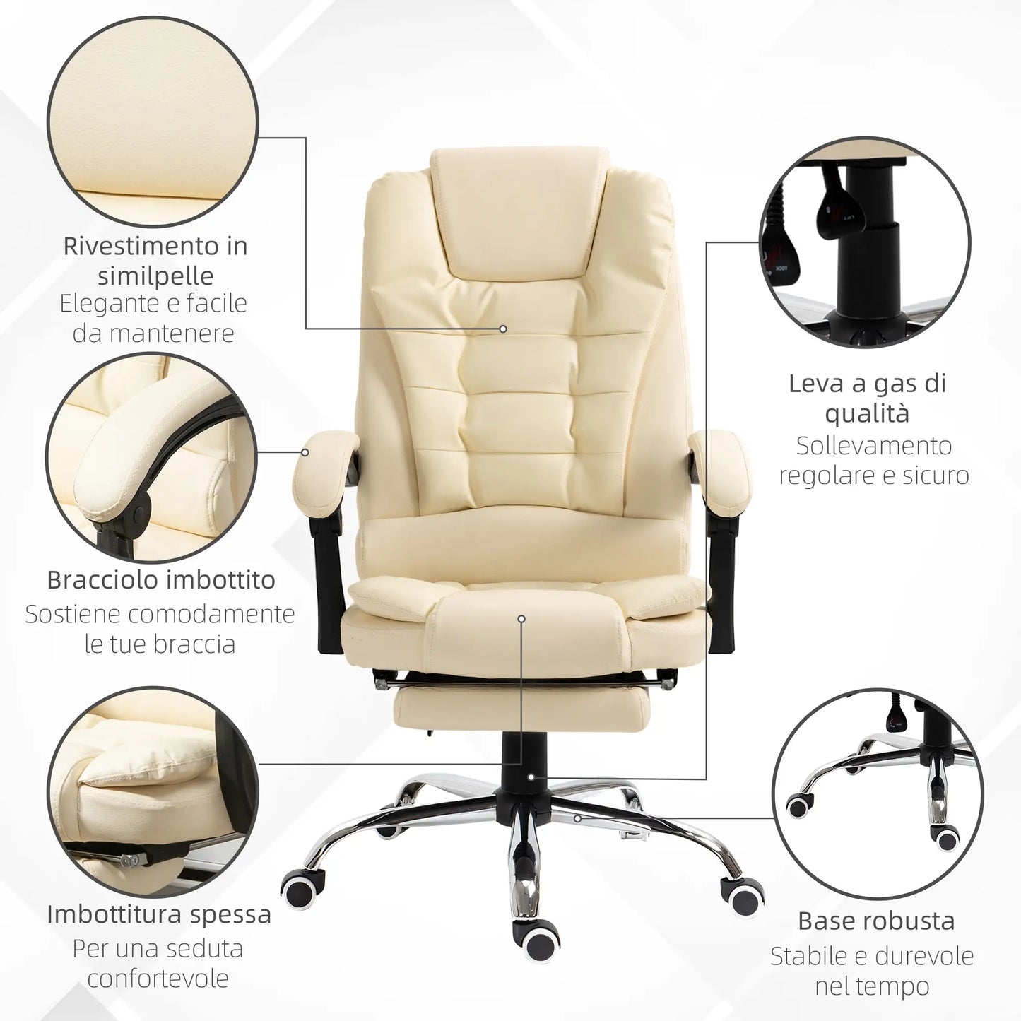 White Faux Leather Presidential Chair with 145° Reclining Backrest and Footrest, 64.5x69x109-117 cm