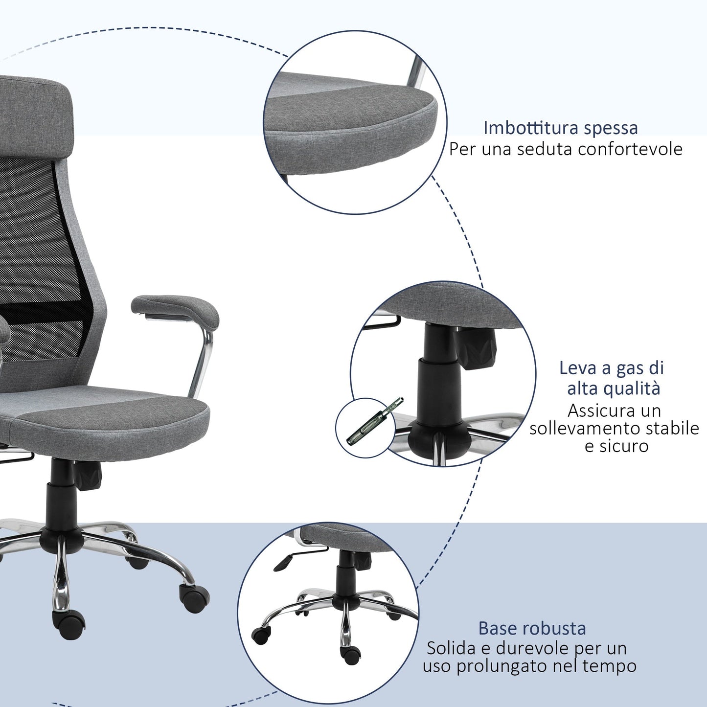 Ergonomic Swivel Office Chair, Adjustable Height and Rocking, Mesh Fabric Armchair 65x67x119-129cm Grey