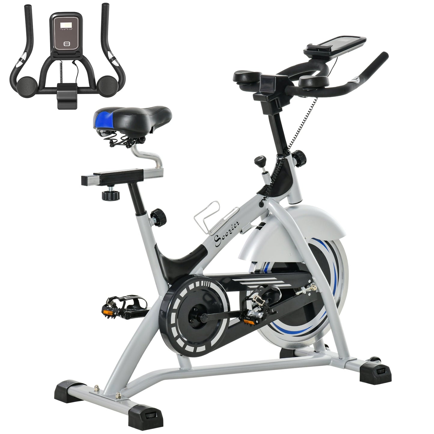 Professional Indoor Exercise Bike with LCD Monitor and 15kg Flywheel, Adjustable Saddle and Handlebar, 124x50x105-111cm, Silver Black