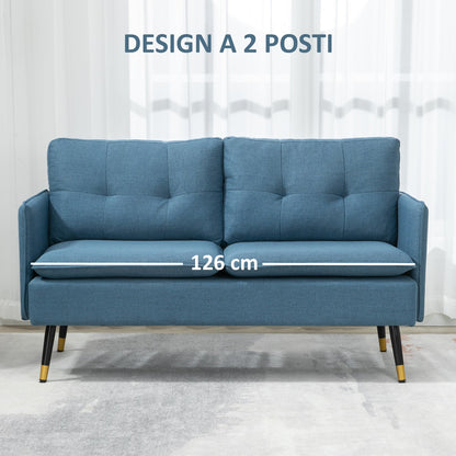 2 Seater Fabric Sofa with Padded Cushions and Steel Legs 139x68x80cm, Dark Blue