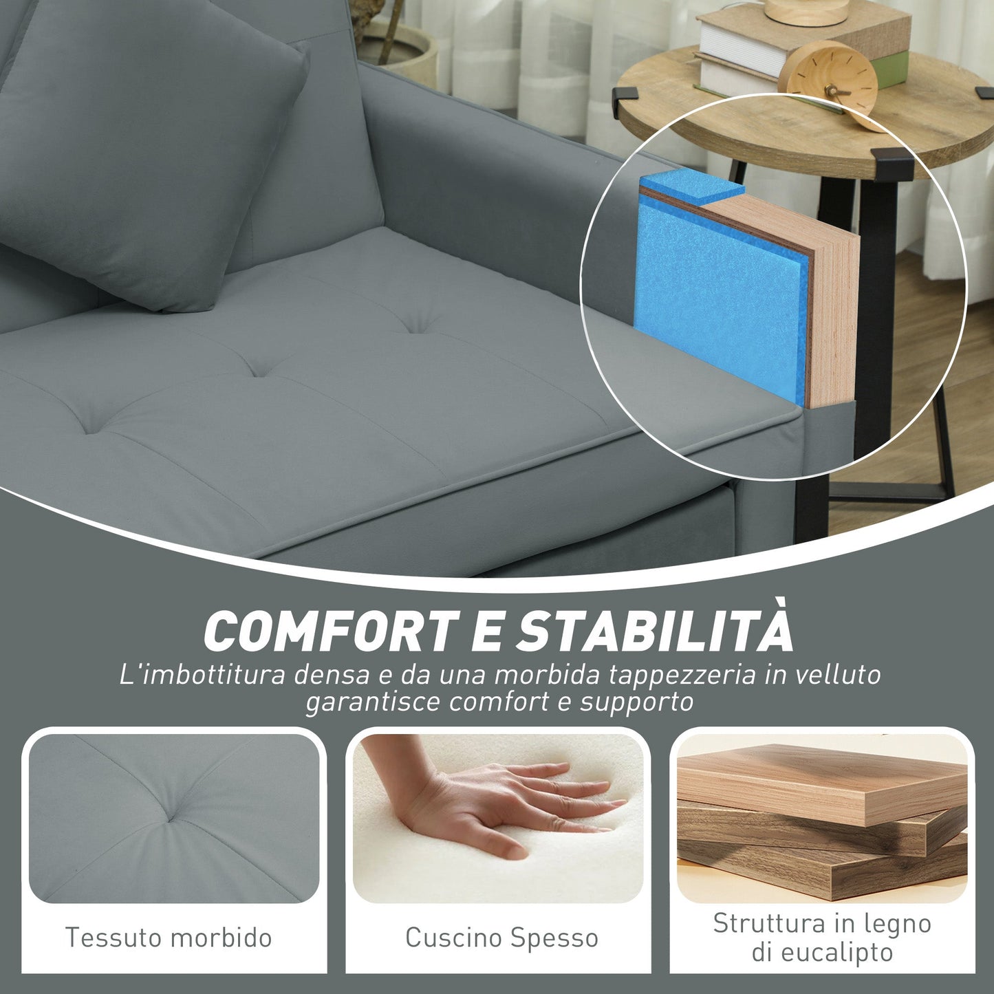 Clic Clac 3-Seater Sofa Bed with Reclining Backrest and 2 Cushions, 196x90x89 cm, Grey