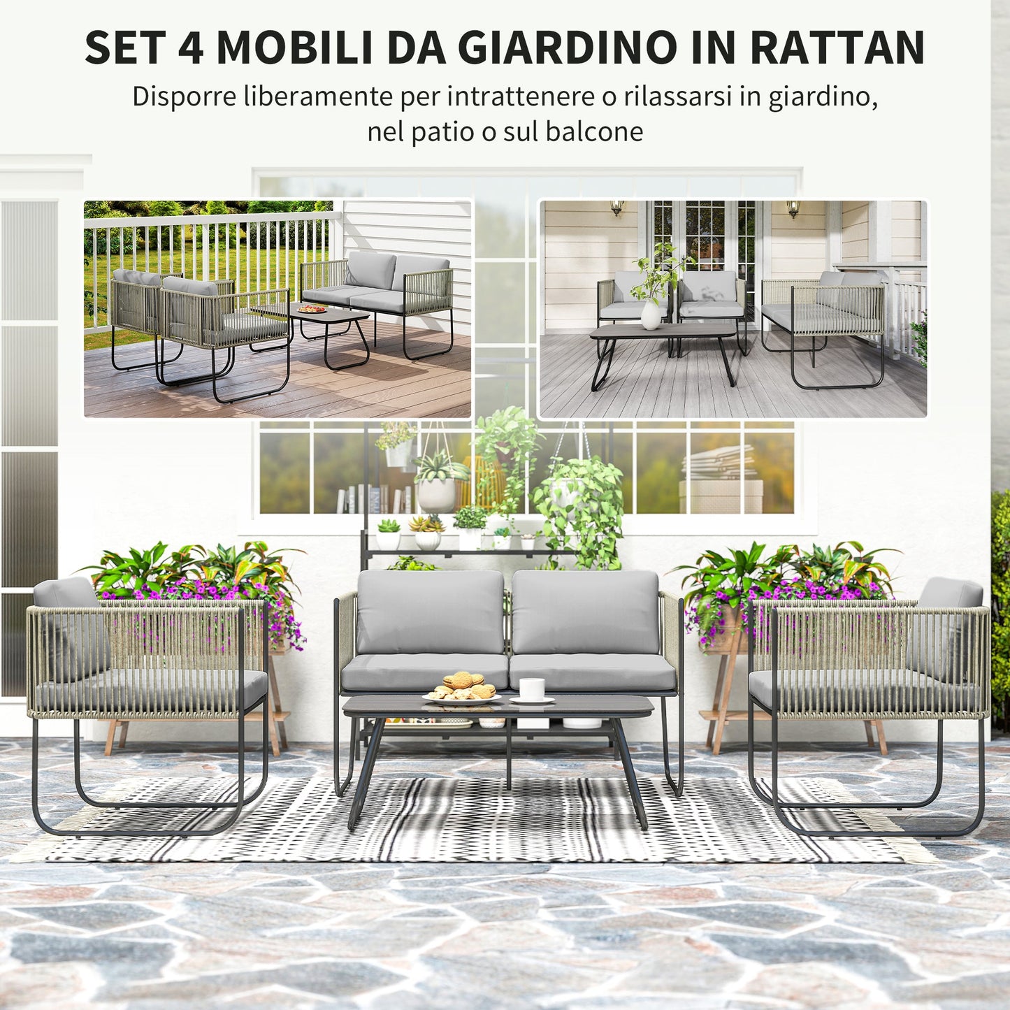 Rattan Garden Set with 2 Seater Sofa, 2 Armchairs and Glass Table, Removable Cushions, Grey