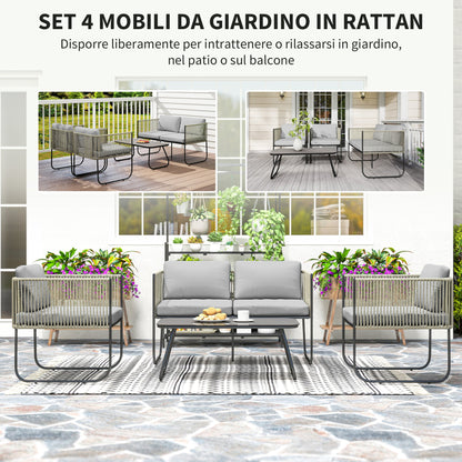 Rattan Garden Set with 2 Seater Sofa, 2 Armchairs and Glass Table, Removable Cushions, Grey
