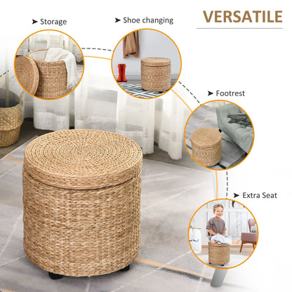 Boho Style Round Storage Ottoman with Natural Upholstery, Coffee Table Ø43x43cm, Khaki