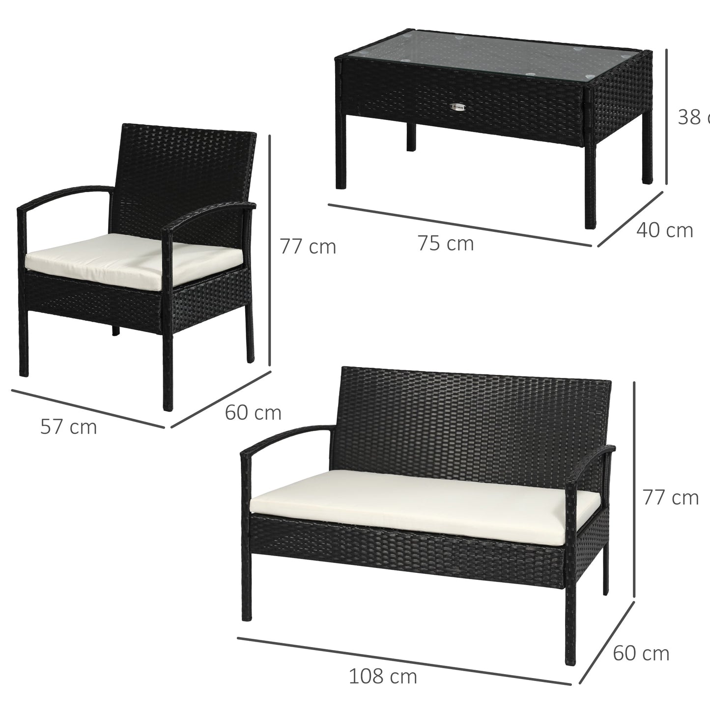 Outdoor Set 4 Piece PE Rattan with Garden Table, 2 Armchairs and 2 Seater Sofa, Black and Cream
