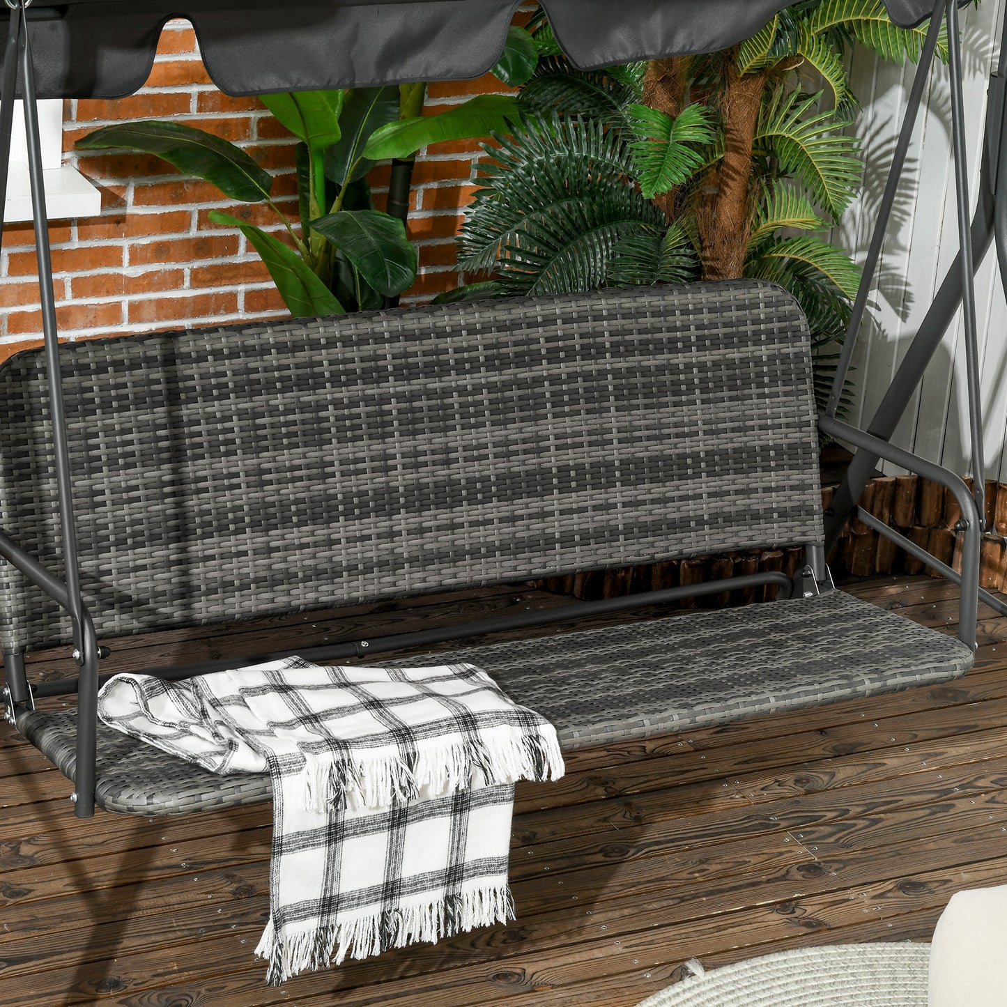 3 Seater Garden Swing with Adjustable Canopy in PE Rattan, 167x112x153cm, Dark Grey