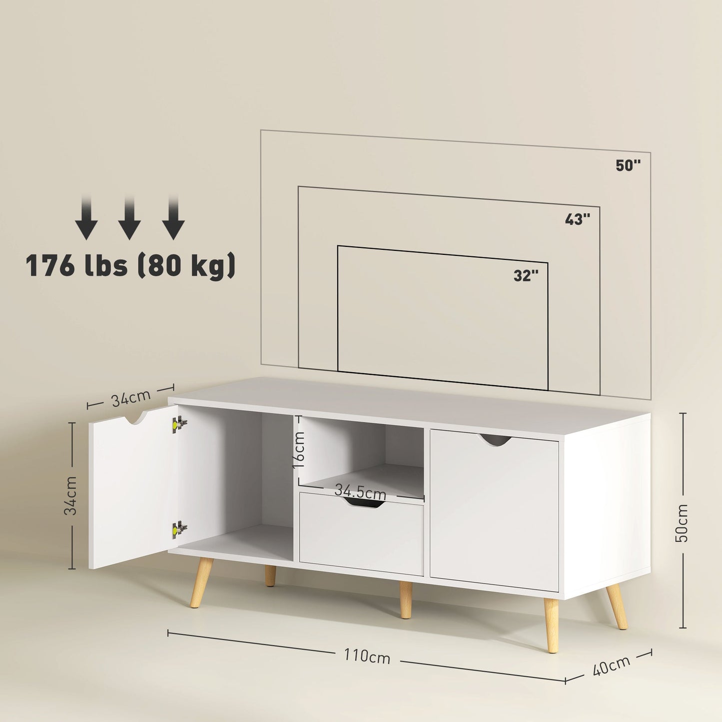 TV Cabinet max 50" with Drawer, Open Shelf and Cabinets, 110x40x50 cm, White and Wood