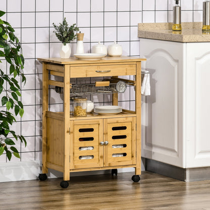 kitchen trolley with drawer, locker and removable wooden basket with swivel wheels, 66x36x79cm