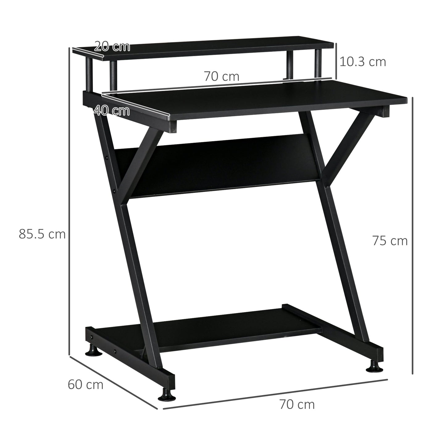 Table PC Room Road with raised monitor shelf, wooden office desk, 70x60x85.5cm - Black