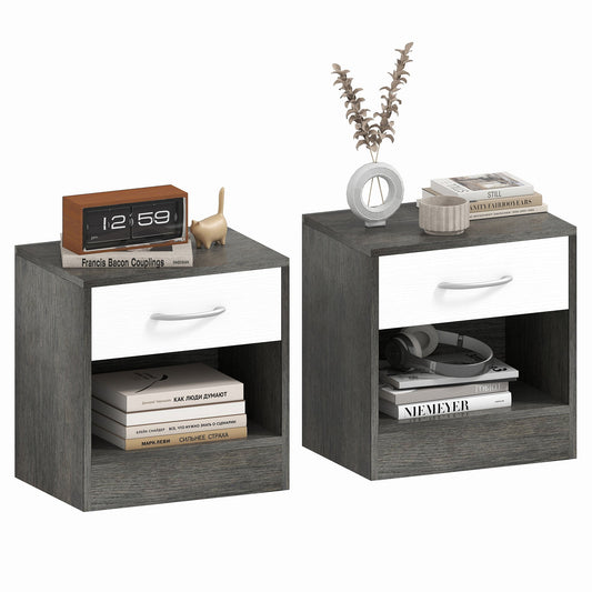 Set of 2 Modern Bedside Tables with Open Shelf and Drawer, Wooden, 39x28x41 cm, White and Dark Grey