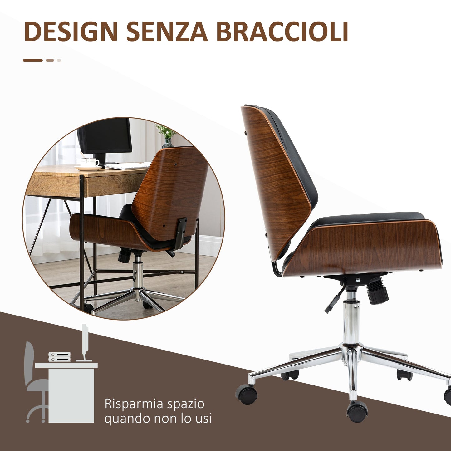 Vintage Padded Office Chair, Faux Leather, Wood and Steel, 53x60x86-96 cm, Black and Dark Brown