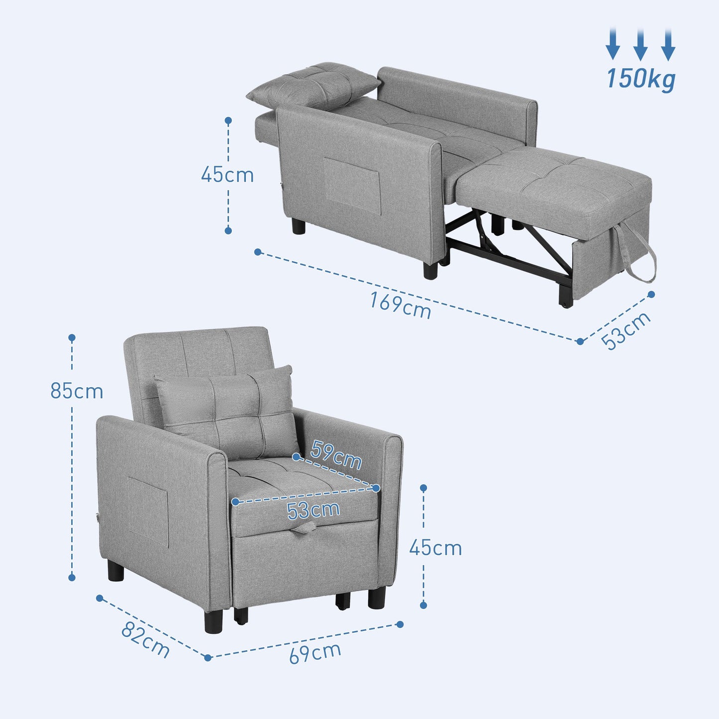 Single Reclining Armchair Bed on 3 Levels with Extra Cushion, 69x82x85cm, Light Grey