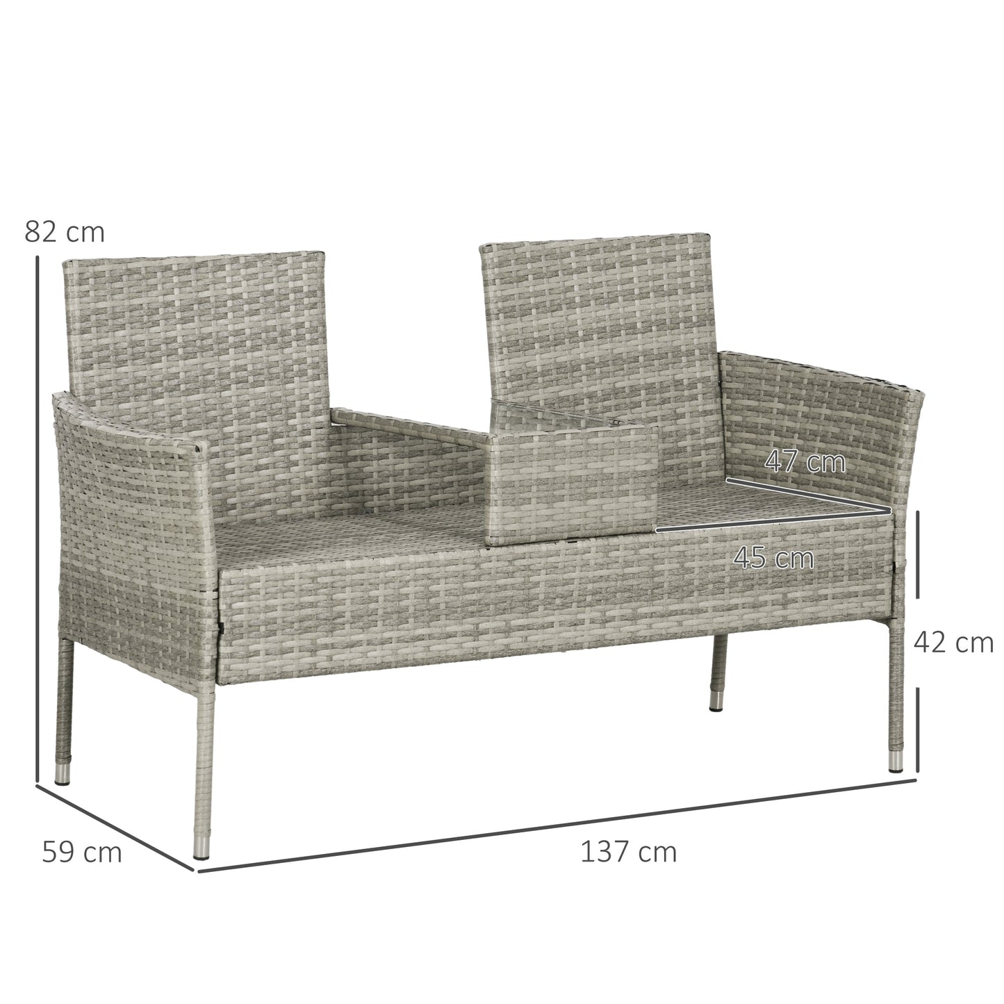 2 Seater Outdoor Sofa with Coffee Table, Steel and PE Rattan, 137x59x82 cm, Grey and Cream