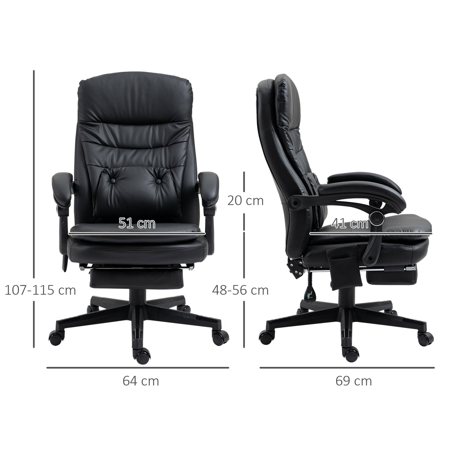 Faux Leather Massage Office Chair with USB Port, 64x69x107-115cm, Black