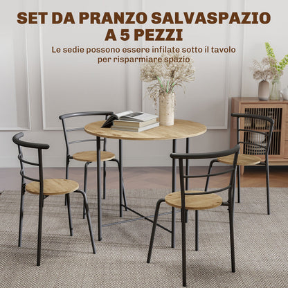 Round Dining Table Set with 4 Space-Saving Chairs in Wood and Metal, Industrial Style