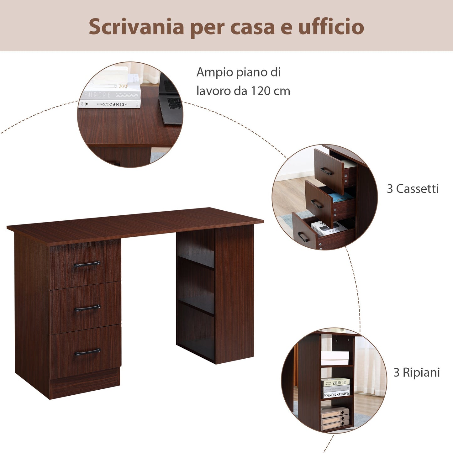 Office Desk with 3 Drawers and 3 Reversible Wooden Shelves, 120x49x72cm, Walnut