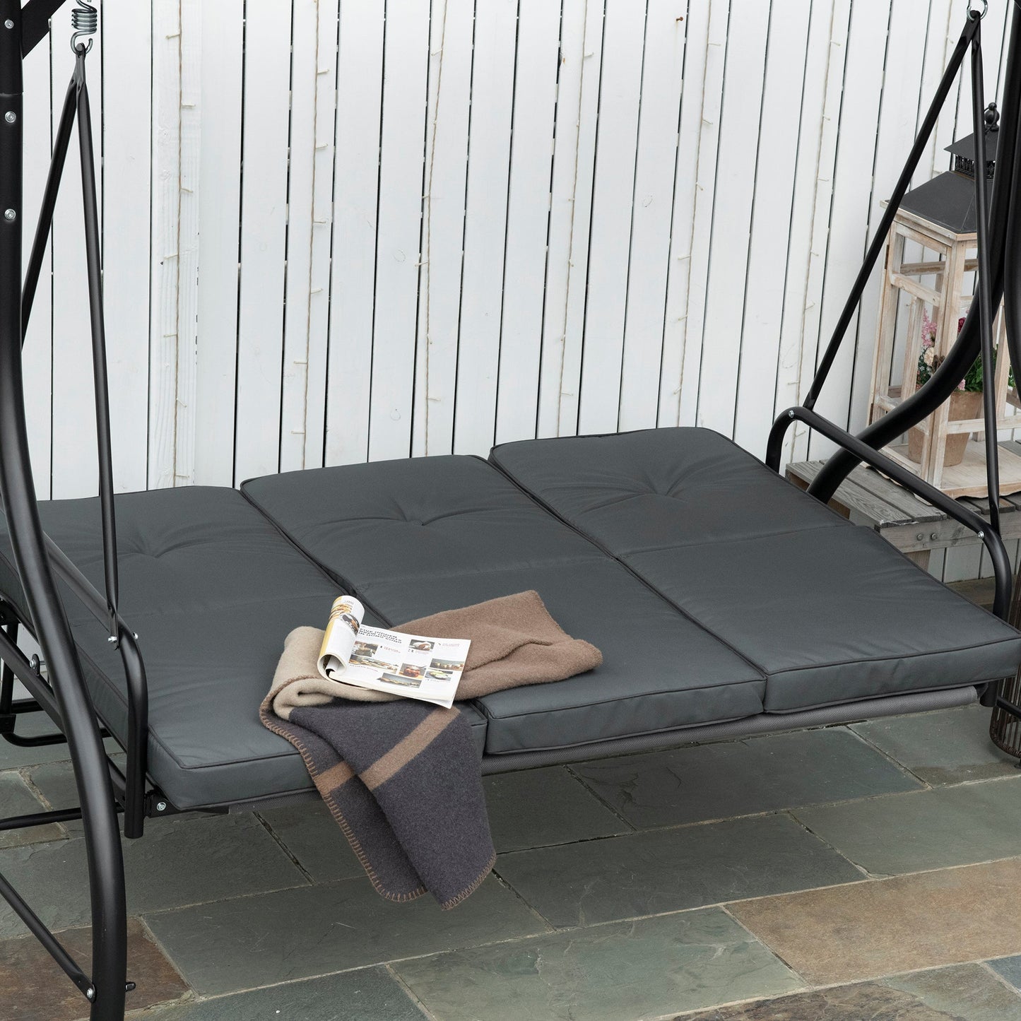 3 Seater Garden Swing Convertible to Lounger with Adjustable Canopy, Dark Grey