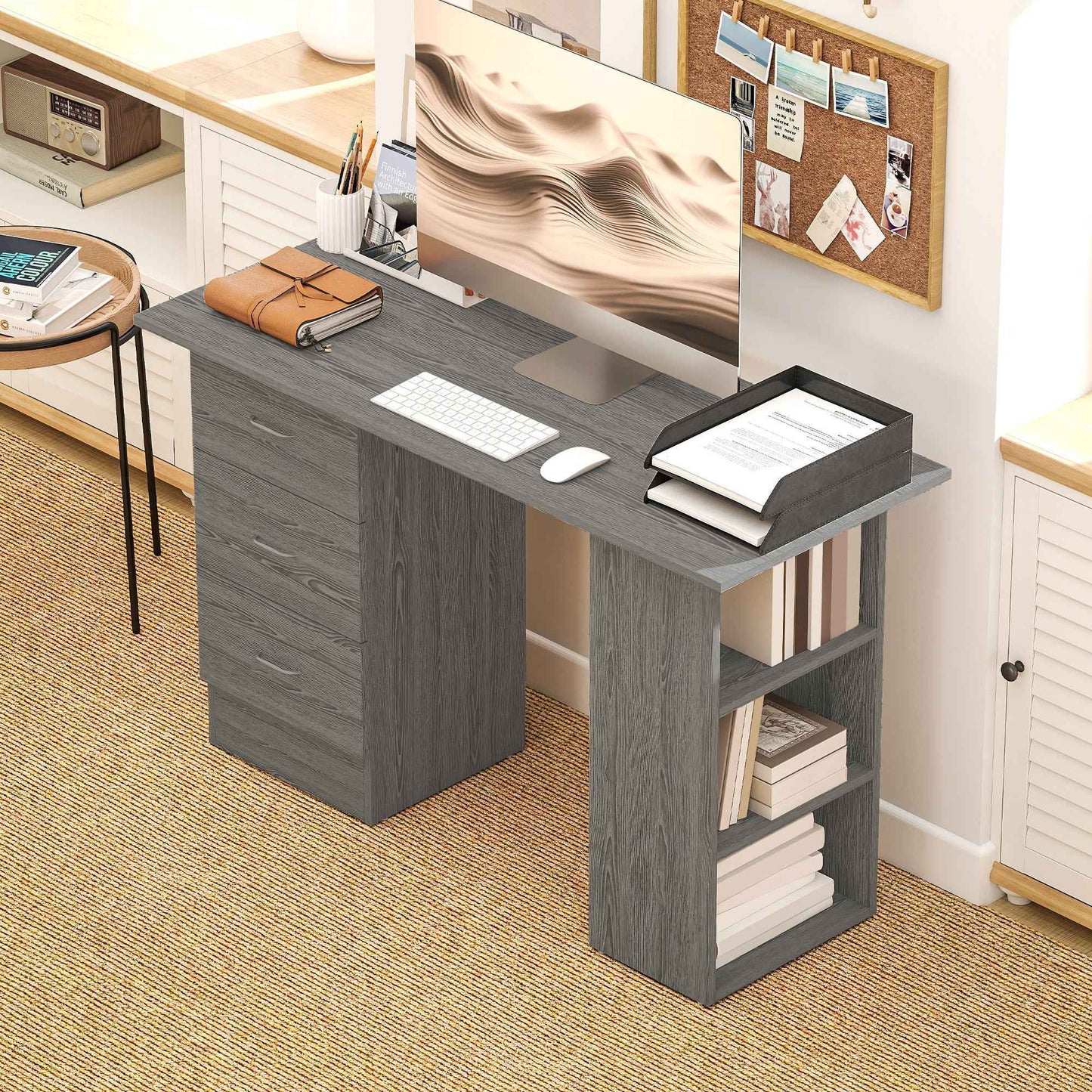 HOMCOM Modern Desk with 3 Drawers and 3 Shelves for Bedroom and Office, Wooden, 120x49x72 cm, Grey