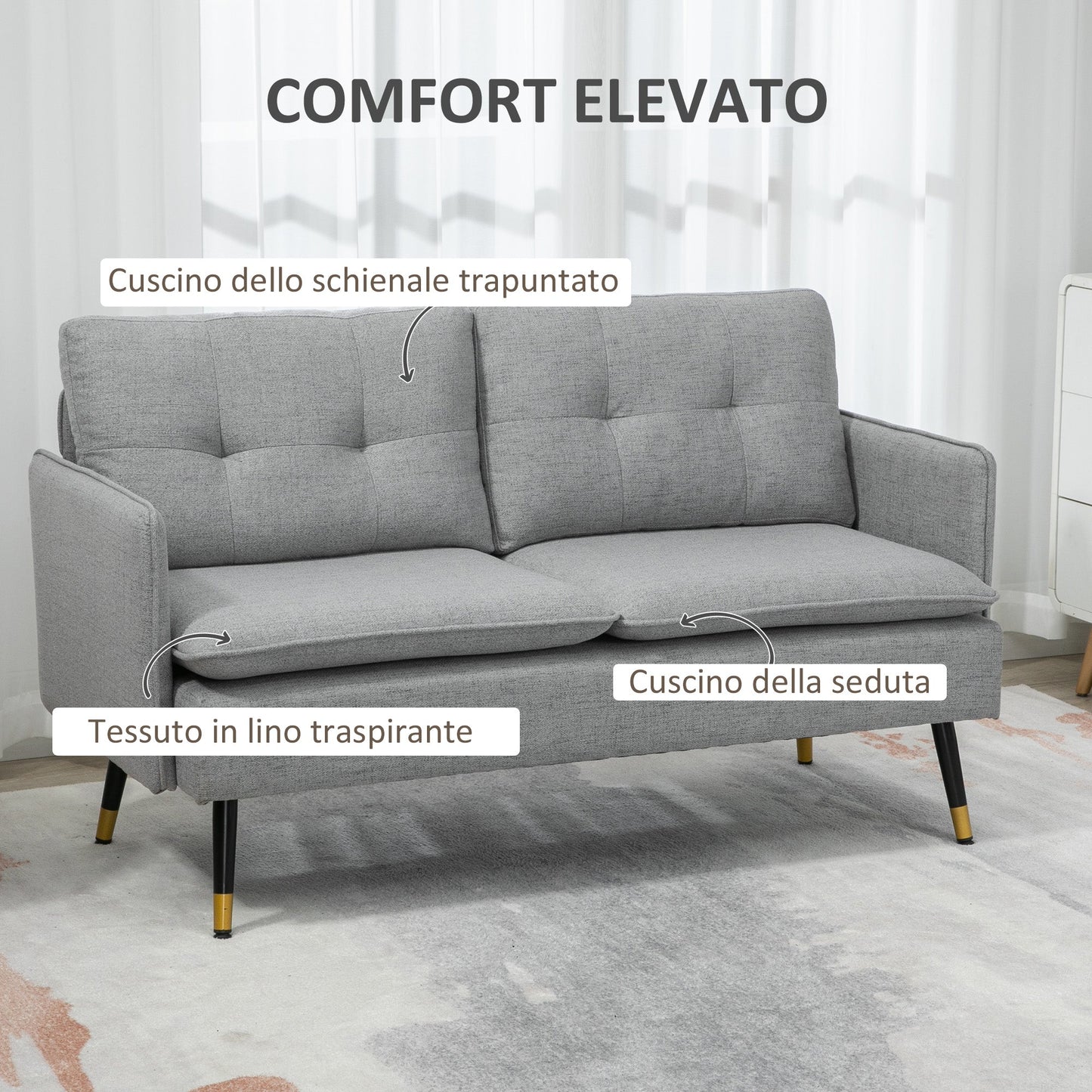 2 Seater Fabric Sofa with Padded Cushions and Steel Legs 139x68x80cm, Grey