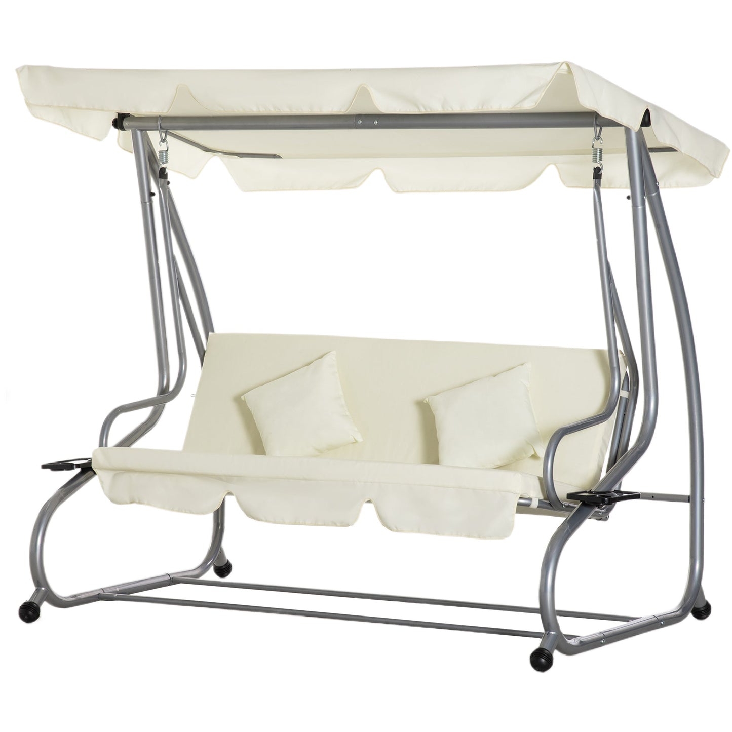 3 Seater Garden Swing Bed with Adjustable Roof and 2 Cup Holders, 200x120x164 cm, Cream