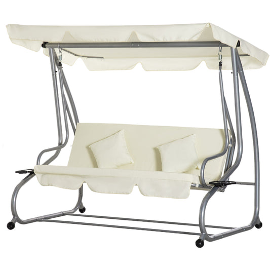 3 Seater Garden Swing Bed with Adjustable Roof and 2 Cup Holders, 200x120x164 cm, Cream