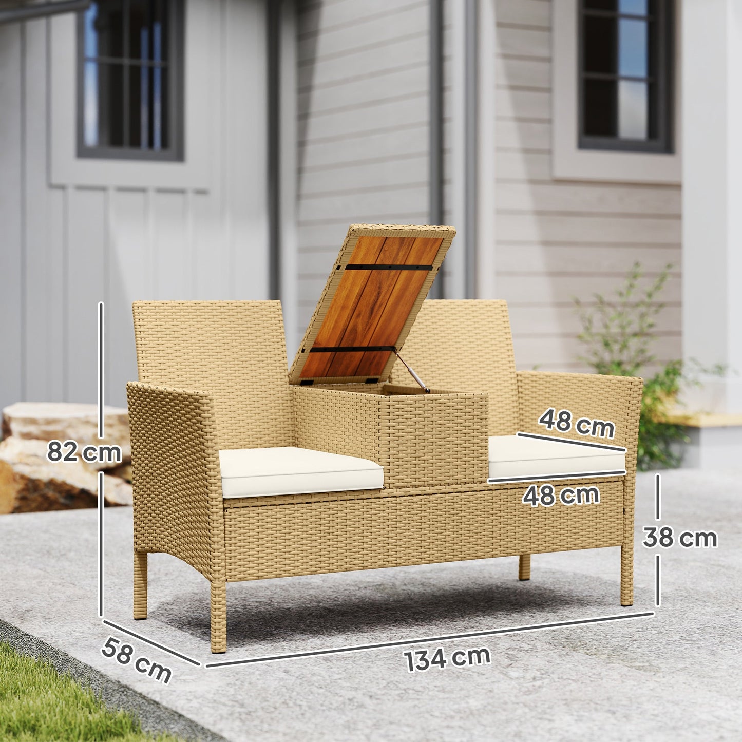 Garden Bench with Drop-Leaf Table Storage, in Rattan and Steel, 134x58x82 cm, Cream and Khaki