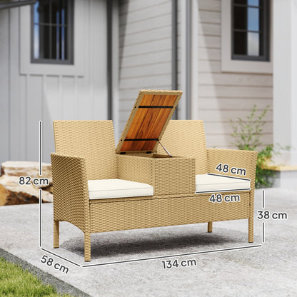 Garden Bench with Drop-Leaf Table Storage, in Rattan and Steel, 134x58x82 cm, Cream and Khaki