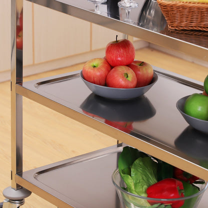 Restaurant / Hotel Kitchen Cart 3 Open Shelves 4 Omnidirectional Wheels with 2 Brakes Anti-Collision Bearings 430 Stainless Steel Silver 85x45x90cm